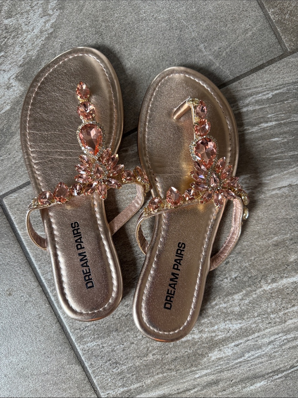 Dream Pairs Women’s Rose Gold Jeweled T-Strap Sandals
